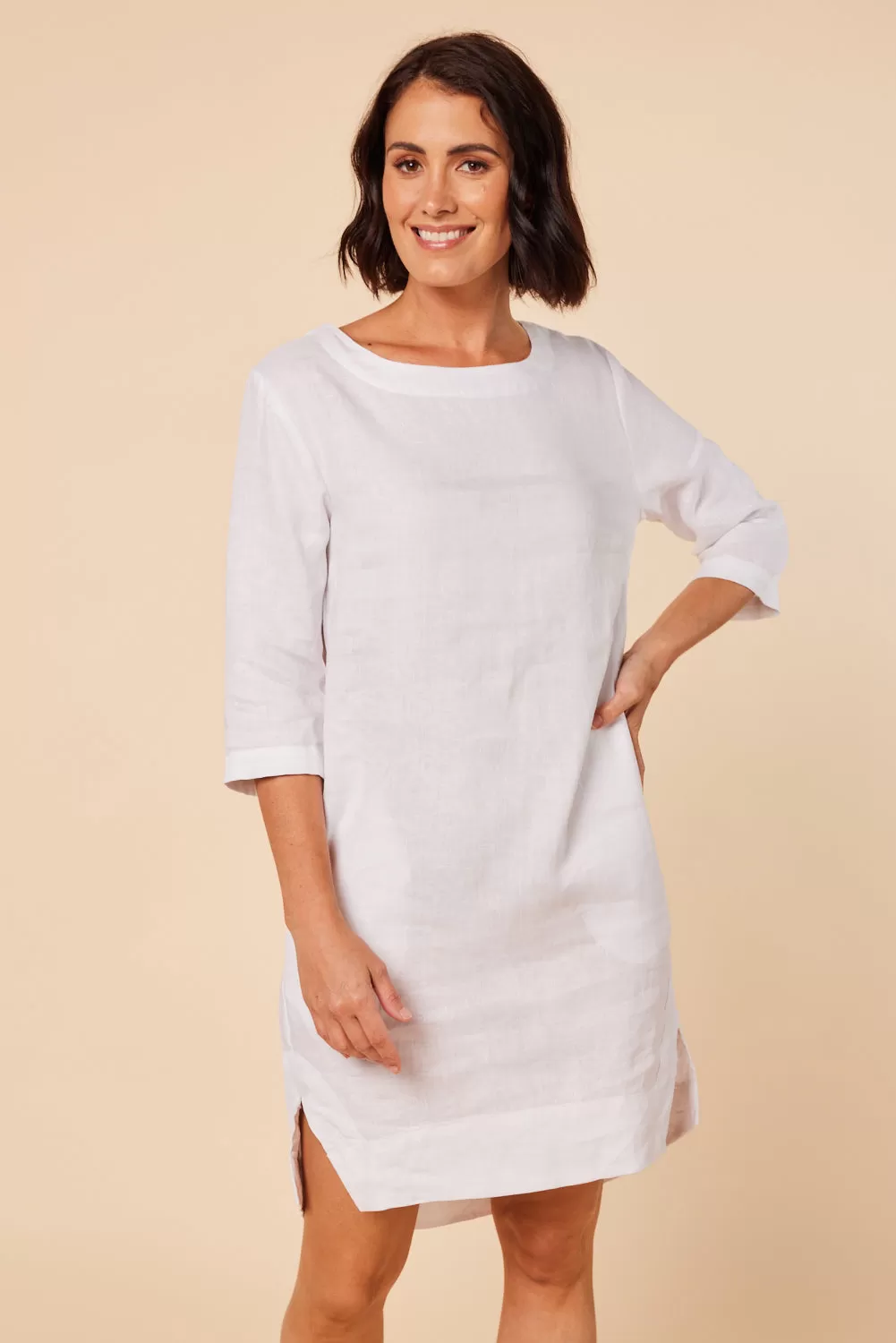 Boatneck Linen Shift Dress in White