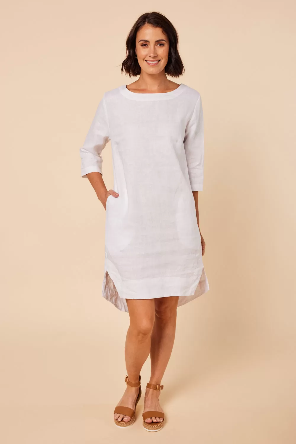 Boatneck Linen Shift Dress in White