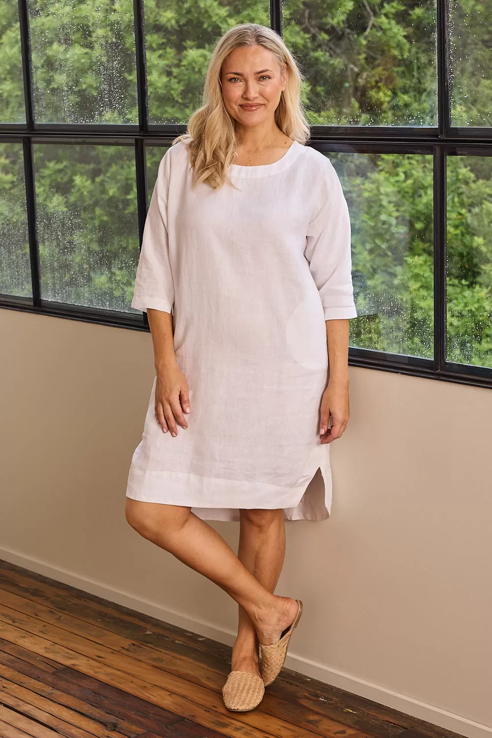 Boatneck Linen Shift Dress in White