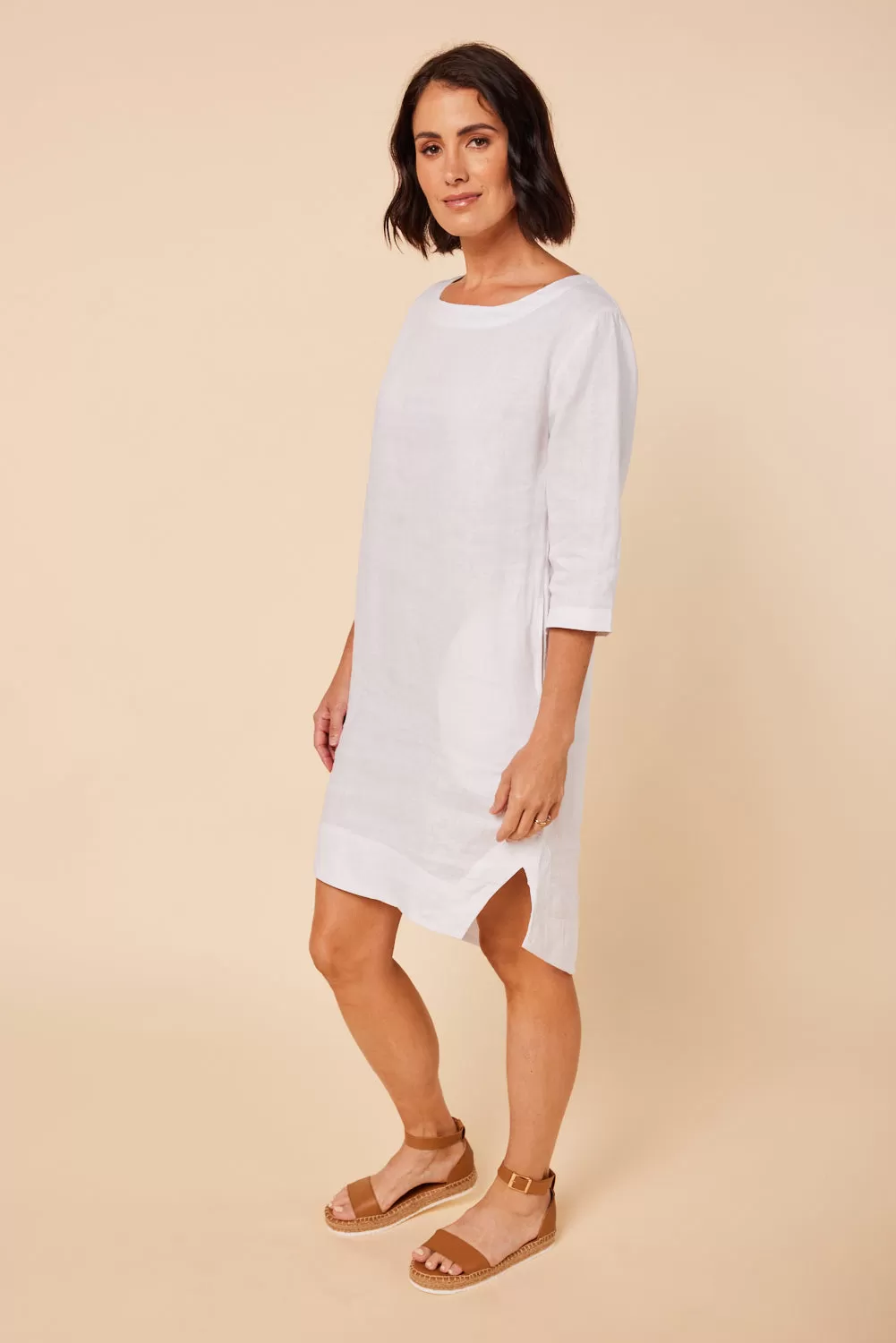 Boatneck Linen Shift Dress in White