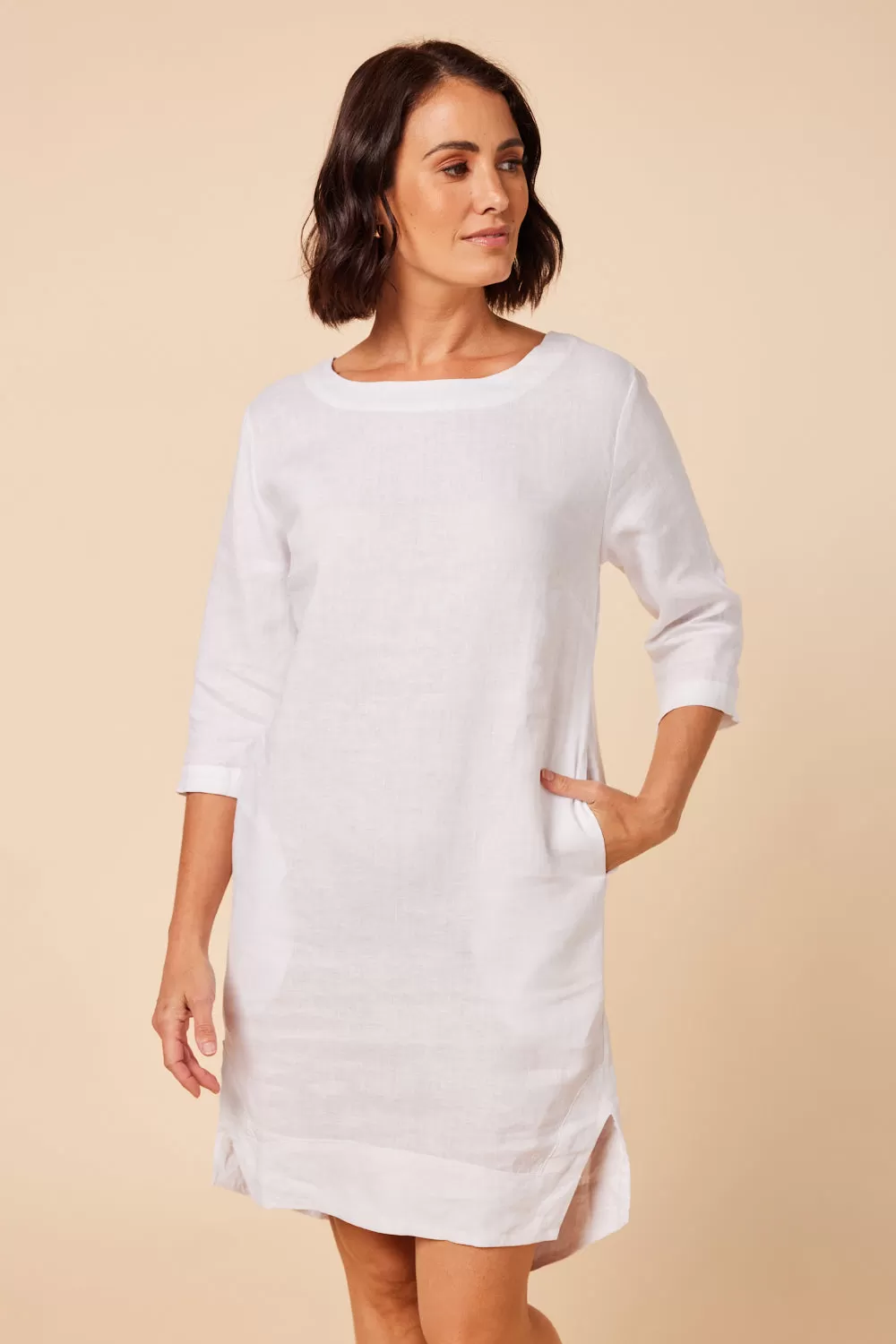 Boatneck Linen Shift Dress in White