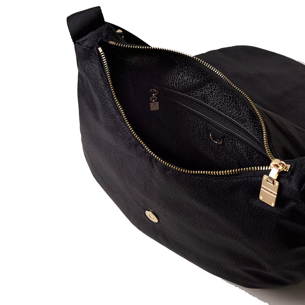 Borsa Donna Hobo con Pattina BORBONESE linea Cloudette Medium in Tessuto Jet Op colore Dark Black