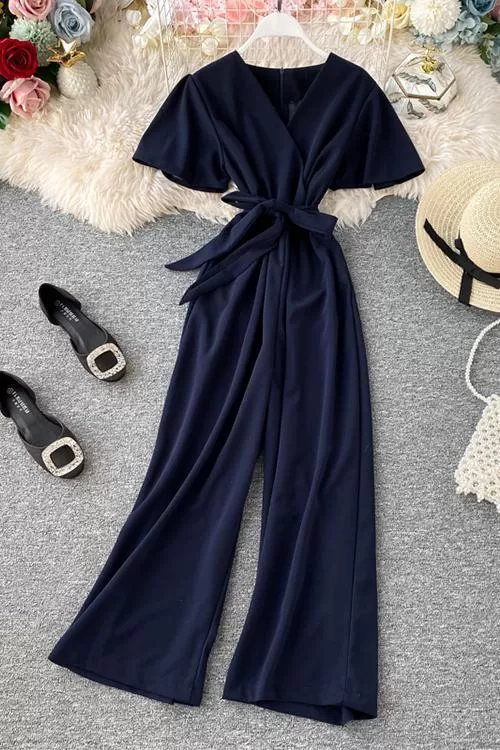 Bow Tie V Neck Short Sleeve Jumpsuit