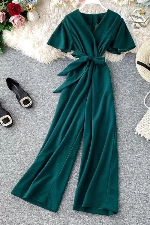 Bow Tie V Neck Short Sleeve Jumpsuit