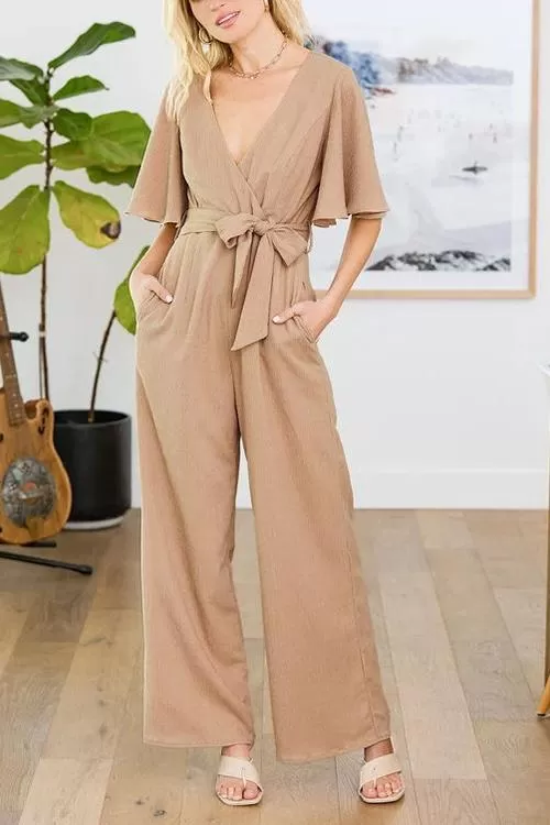 Bow Tie V Neck Short Sleeve Jumpsuit