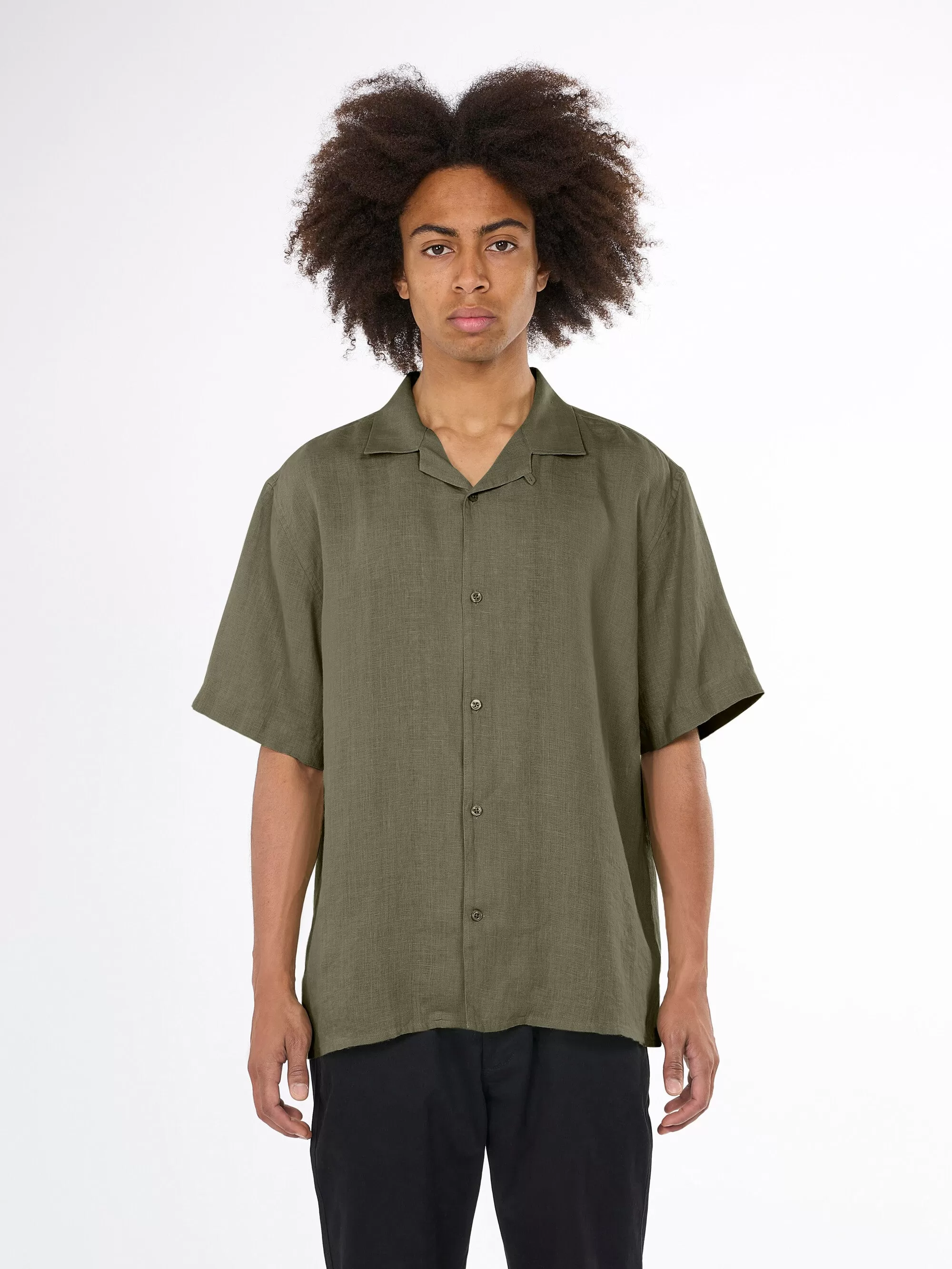 Box fit short sleeved linen shirt - Burned Olive