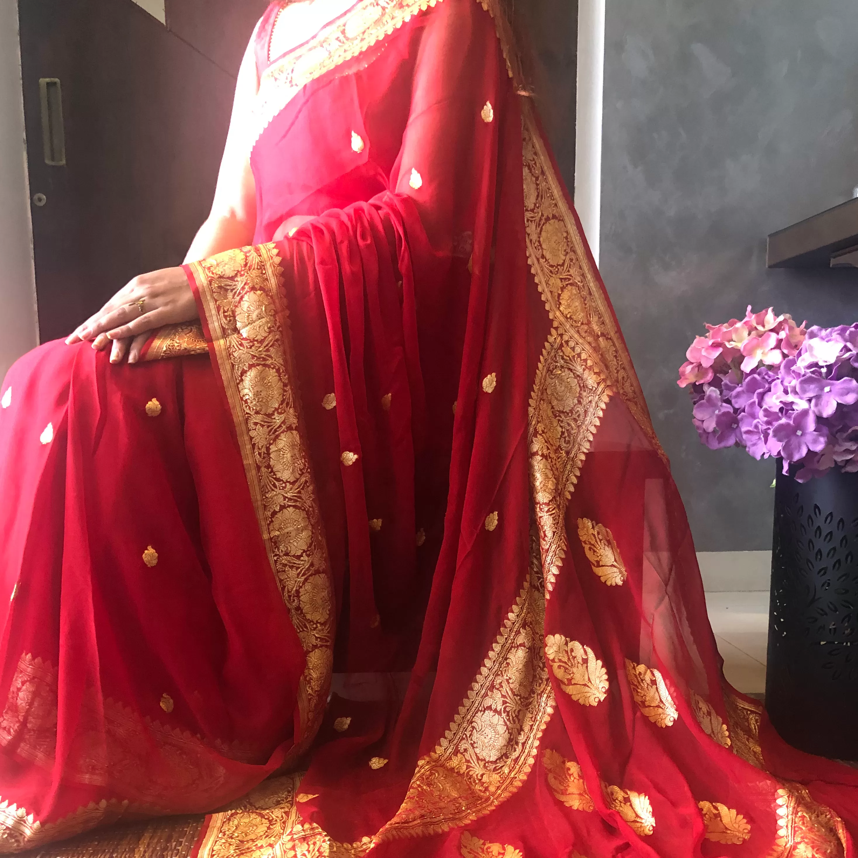 Bridal Red Buti Jaal Khaddi Chiffon Banarasi Saree