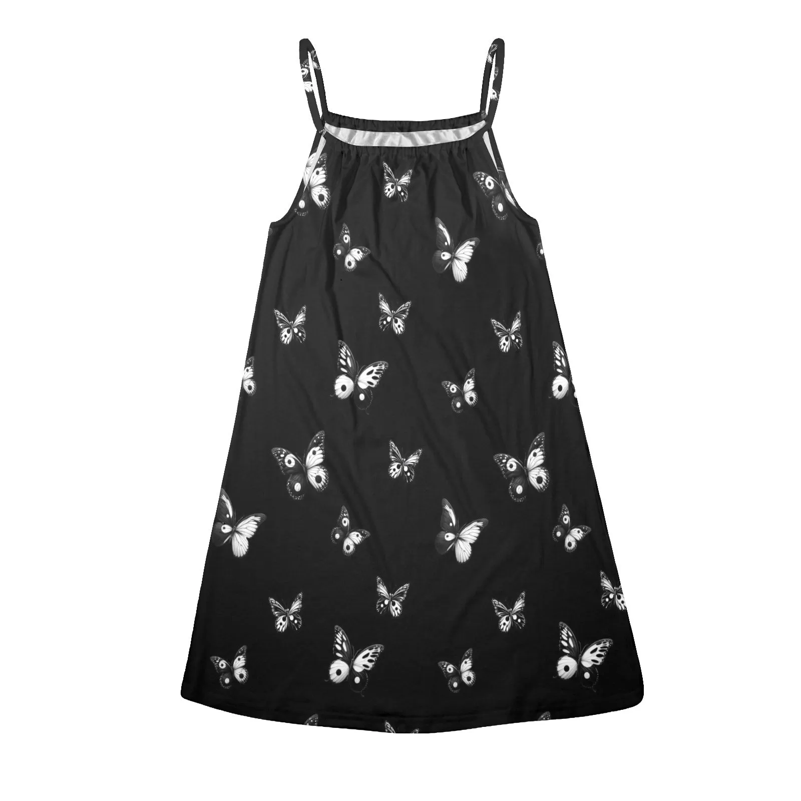 butterfly black background Drawstring Neck Sleeveless Dress (Model D68)