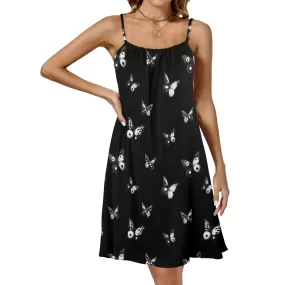 butterfly black background Drawstring Neck Sleeveless Dress (Model D68)