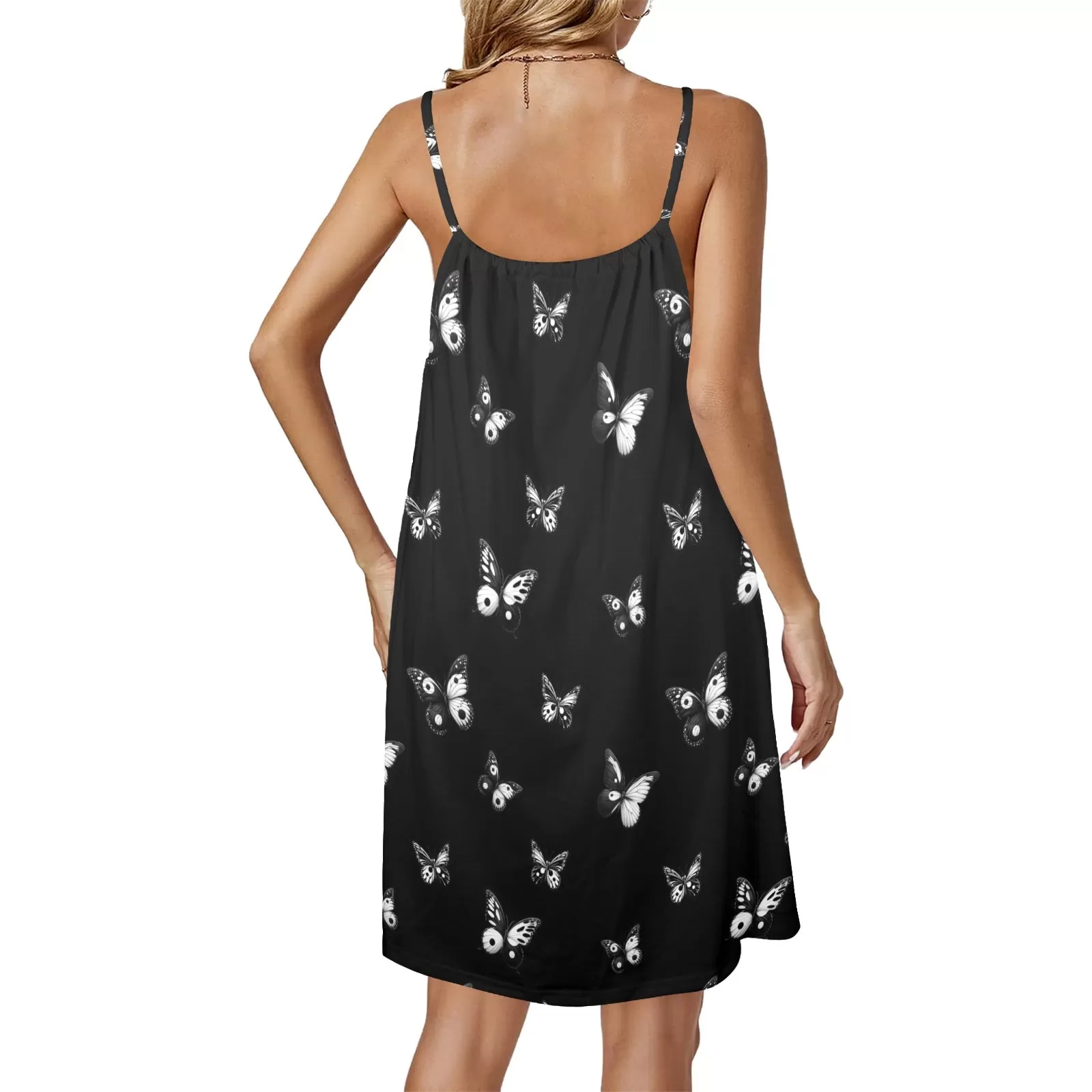 butterfly black background Drawstring Neck Sleeveless Dress (Model D68)