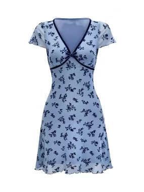 'Butterfly Pea' Coquette Ribbon V-Neck Floral Dress