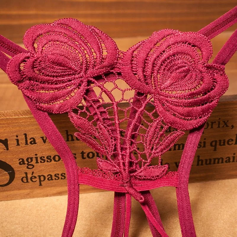 Butterfly Style Floral Lace Thongs with Beaded Center