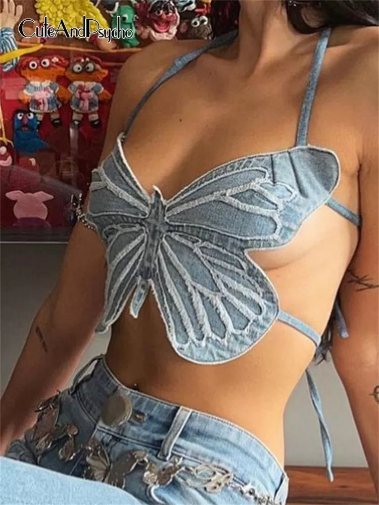 Butterfly Y2K Denim Cute Crop Tops