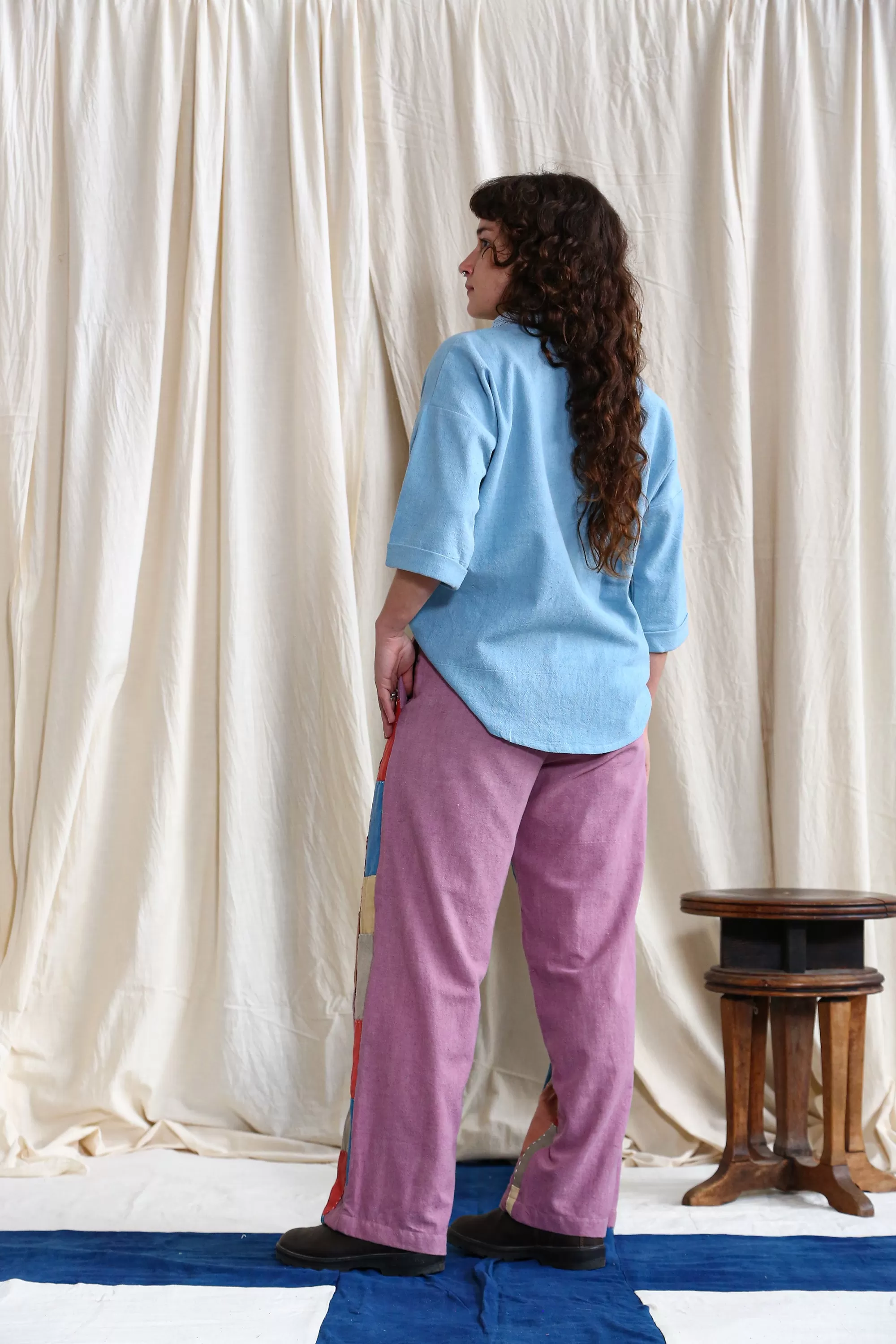 Button High-Waisted Patchwork Pants with Lac Dyed Back