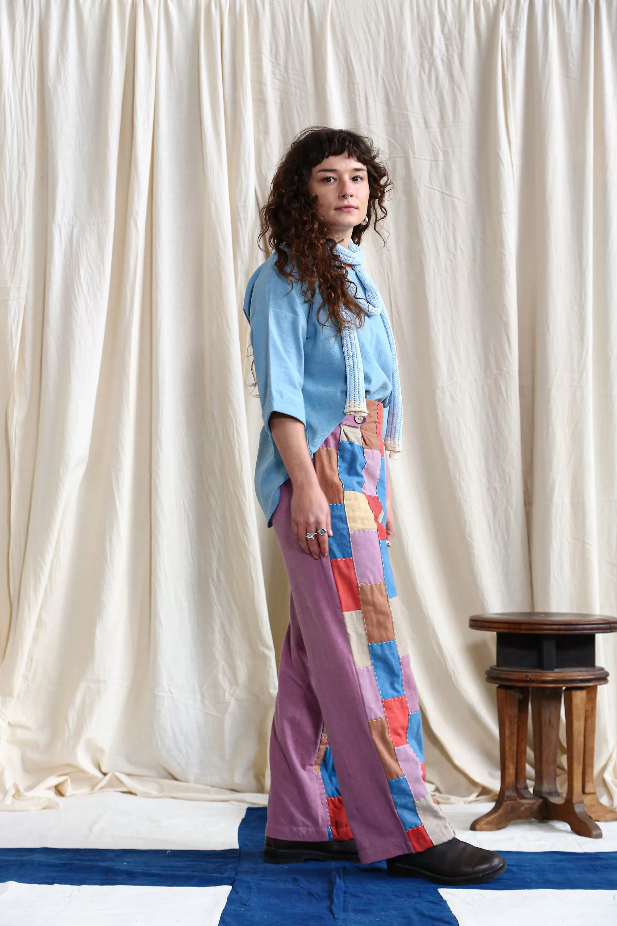 Button High-Waisted Patchwork Pants with Lac Dyed Back