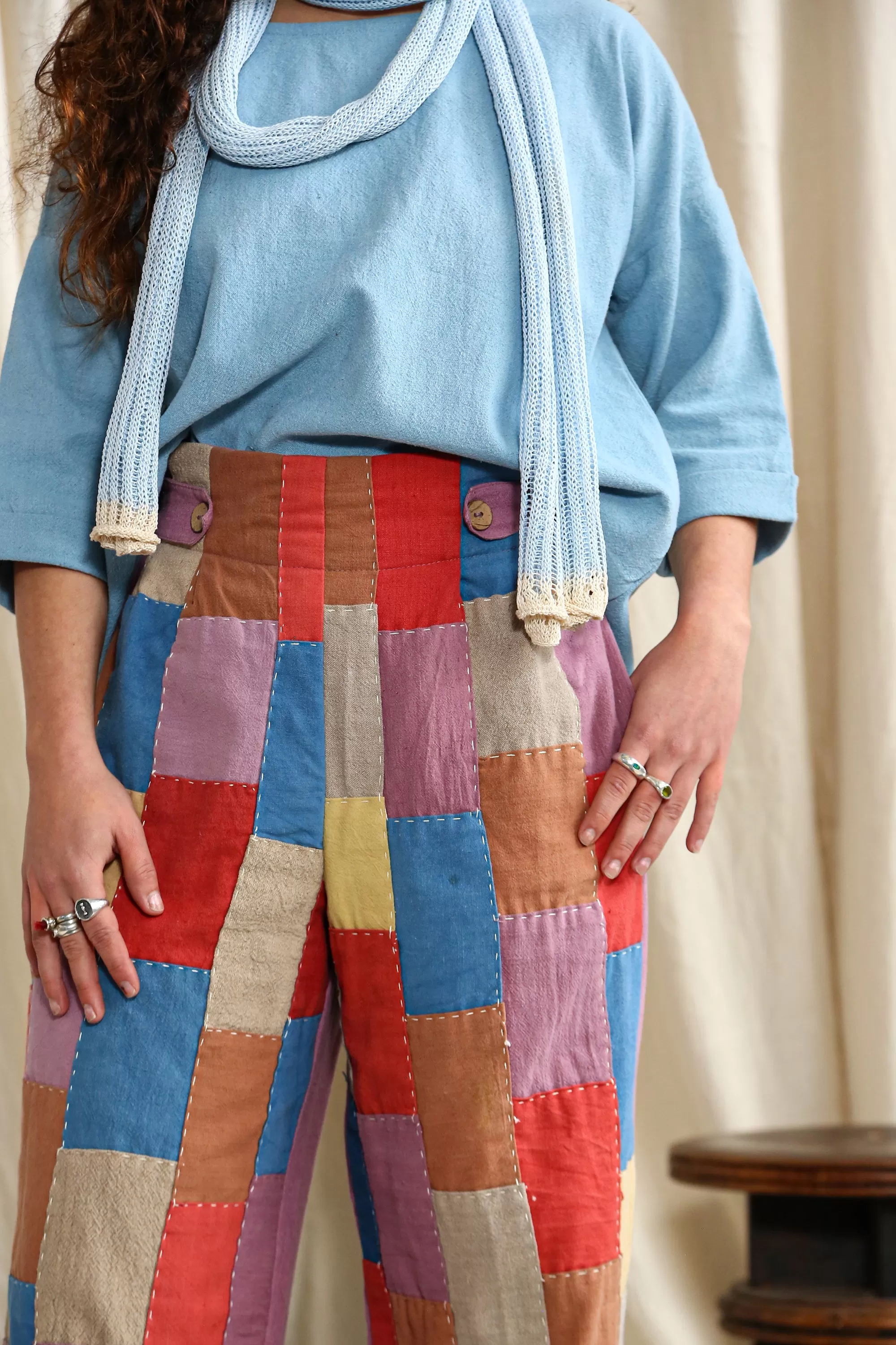 Button High-Waisted Patchwork Pants with Lac Dyed Back