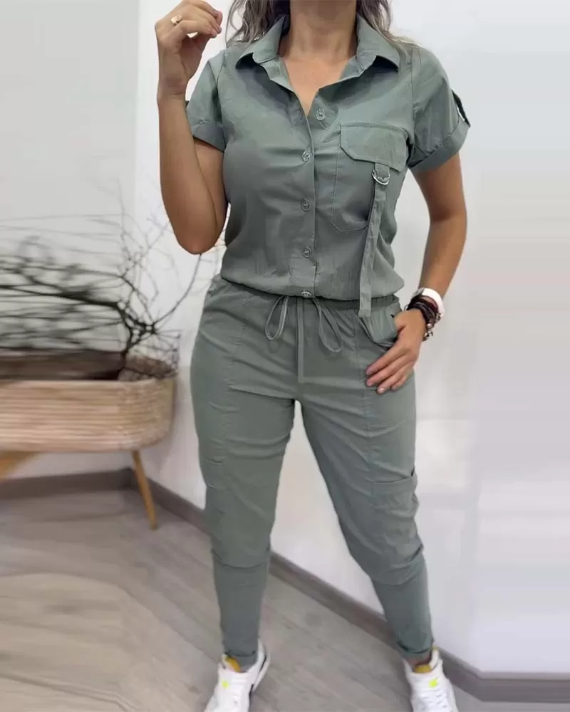 Buttoned Short Sleeve Top & Drawstring Skinny Pants Set