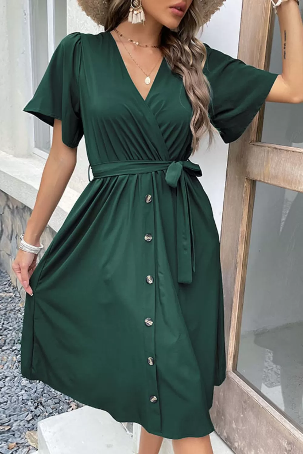 Buttoned Tie-Waist Surplice Dress