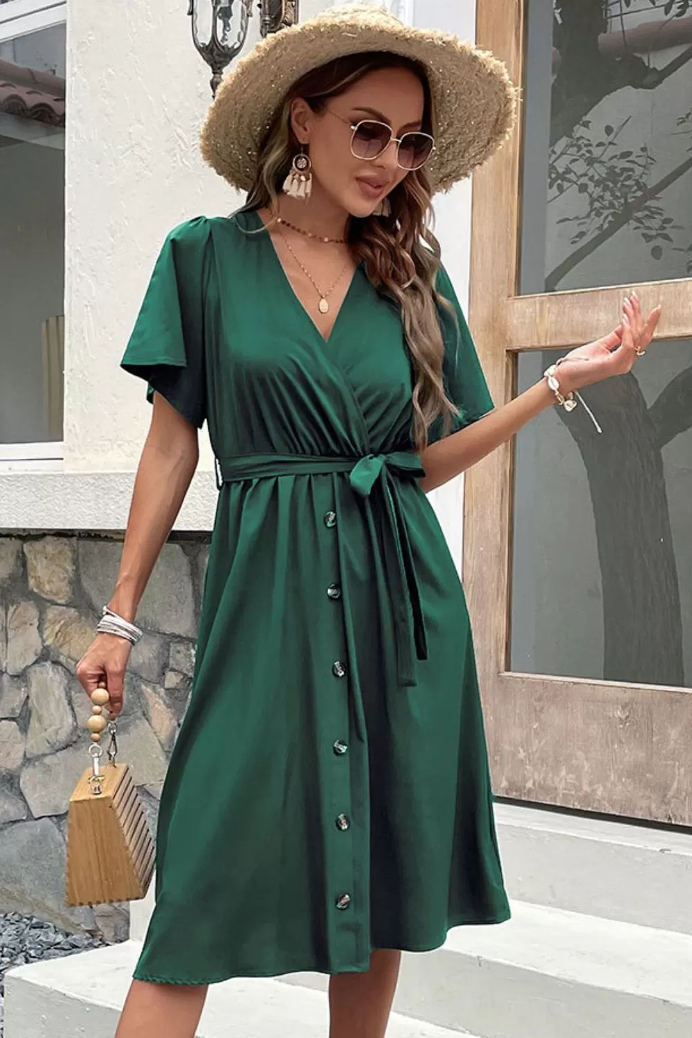 Buttoned Tie-Waist Surplice Dress