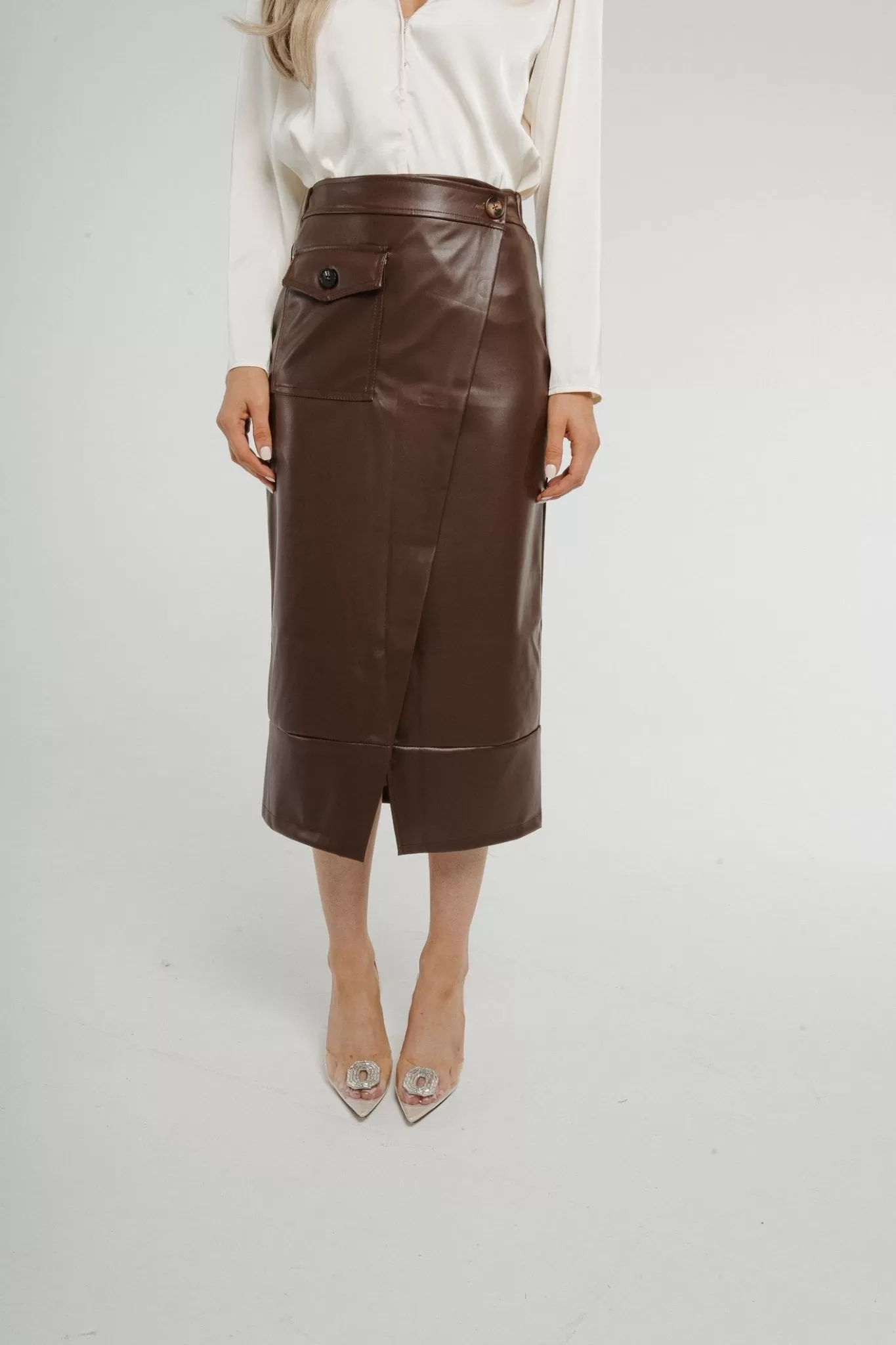 Caitlyn Wrap Faux Leather Midi Skirt Chocolate