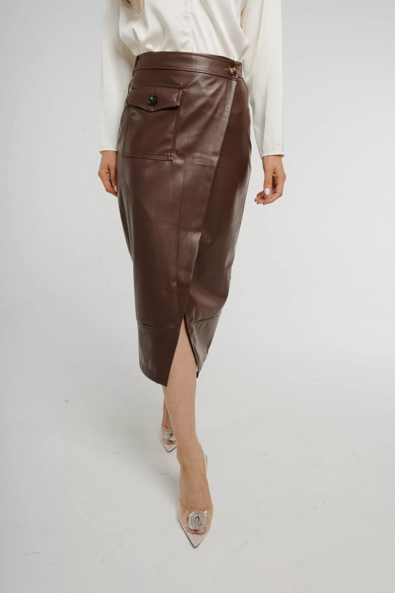 Caitlyn Wrap Faux Leather Midi Skirt Chocolate