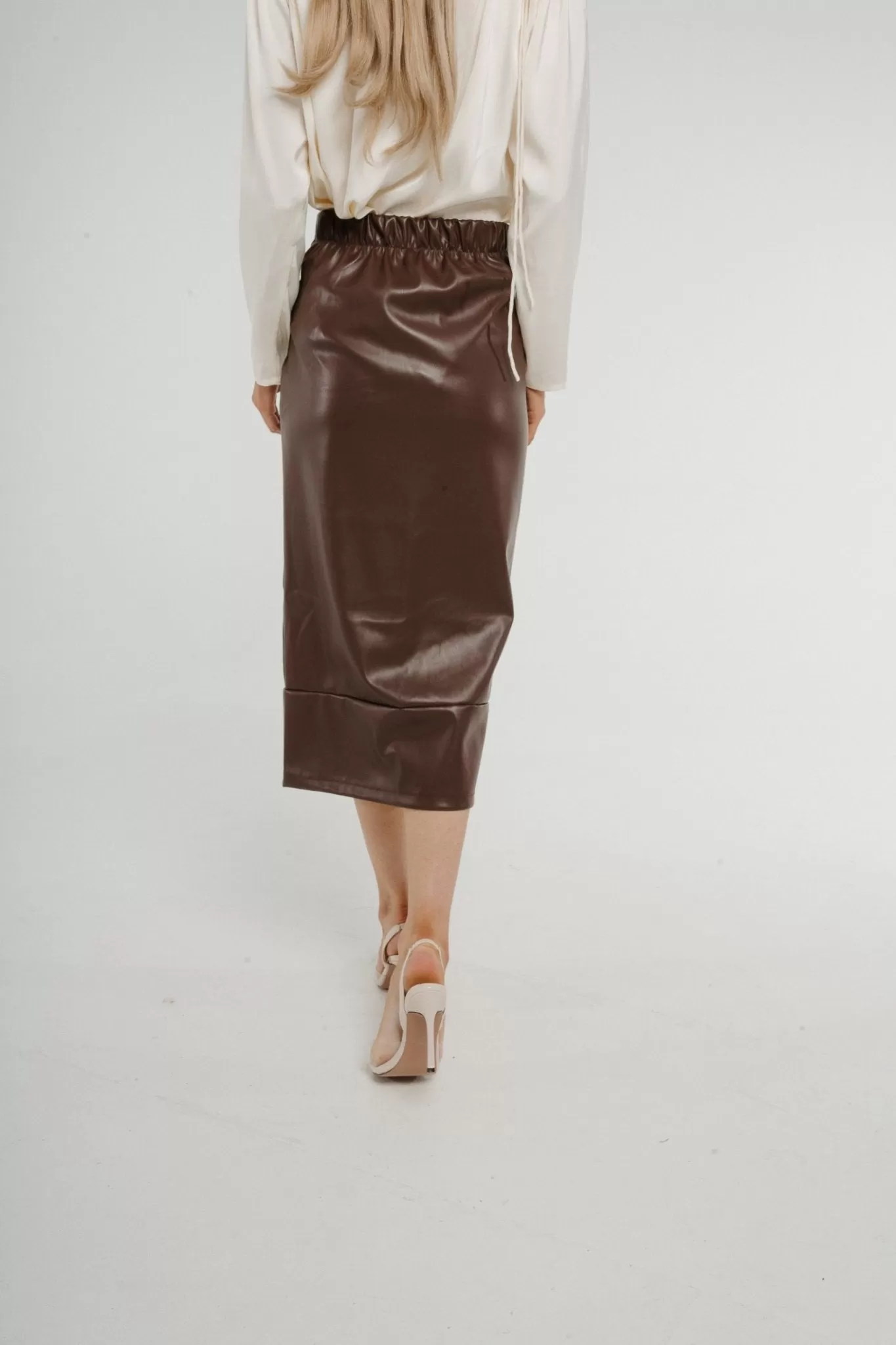 Caitlyn Wrap Faux Leather Midi Skirt Chocolate