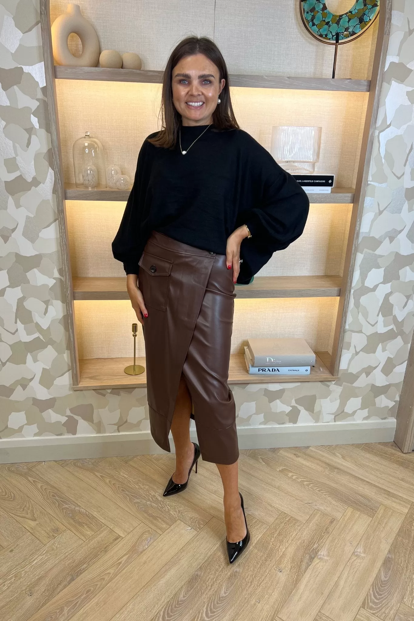 Caitlyn Wrap Faux Leather Midi Skirt Chocolate