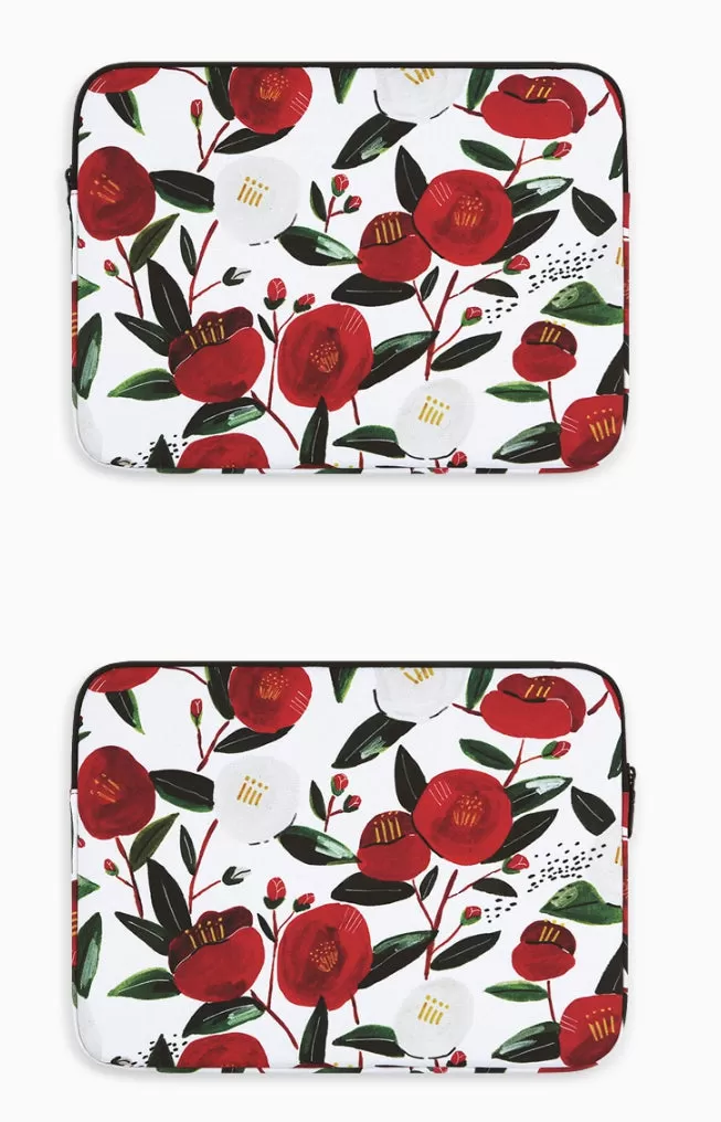 Camellia Floral Graphic Laptop Sleeves 11 13 15 inch Cases Protective Covers Handbags Square Pouches Designer Artist Prints Cute Lightweight School Collage Office Zipper Fashion Unique Gifts Couple Items Skins