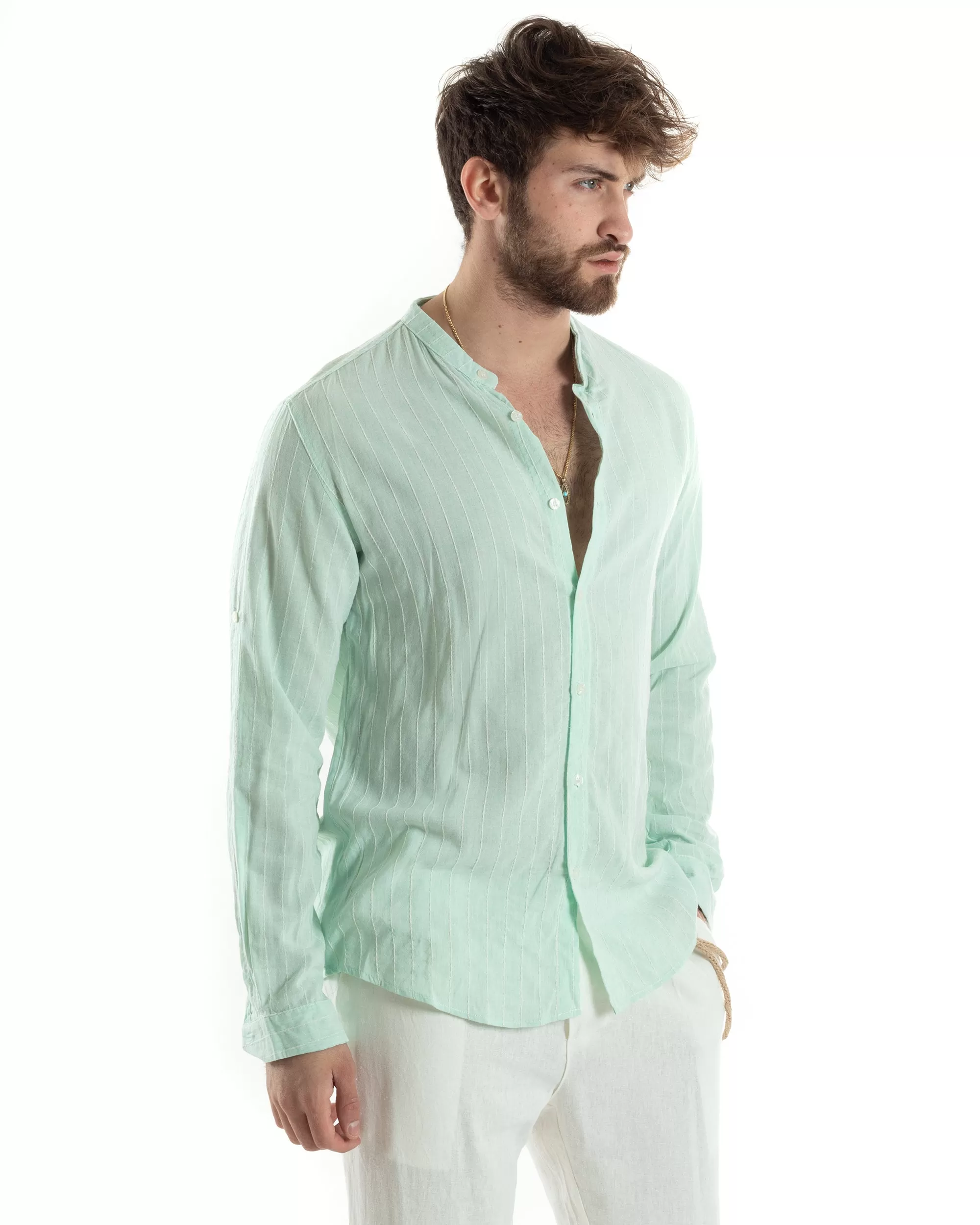 Camicia Uomo Collo Coreano Manica Lunga Lino Cotone Rigata Verde GIOSAL-C2831A