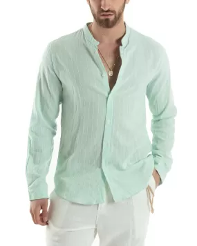 Camicia Uomo Collo Coreano Manica Lunga Lino Cotone Rigata Verde GIOSAL-C2831A