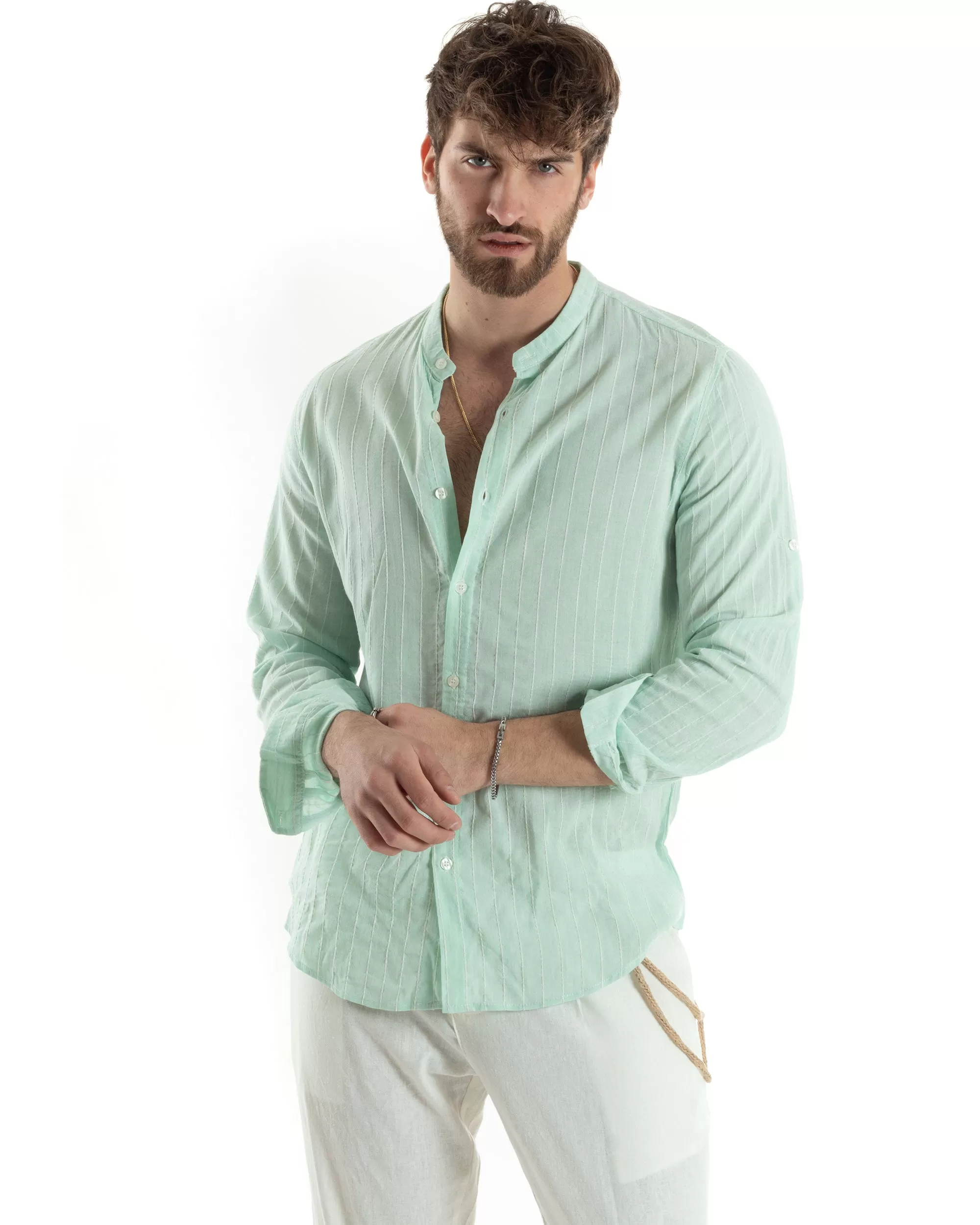 Camicia Uomo Collo Coreano Manica Lunga Lino Cotone Rigata Verde GIOSAL-C2831A