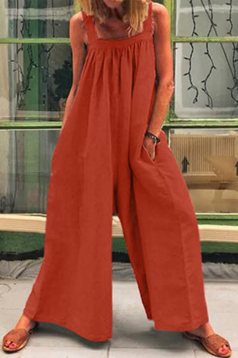 Casual Daily Solid Square Collar Loose Jumpsuits