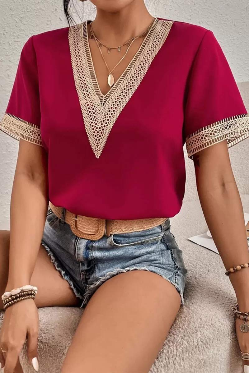 Casual Simplicity Solid Patchwork V Neck Tops(8 Colors)