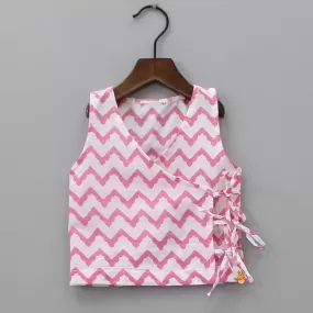 Chevron Printed Pink And White Triple Side Knot Jhabla