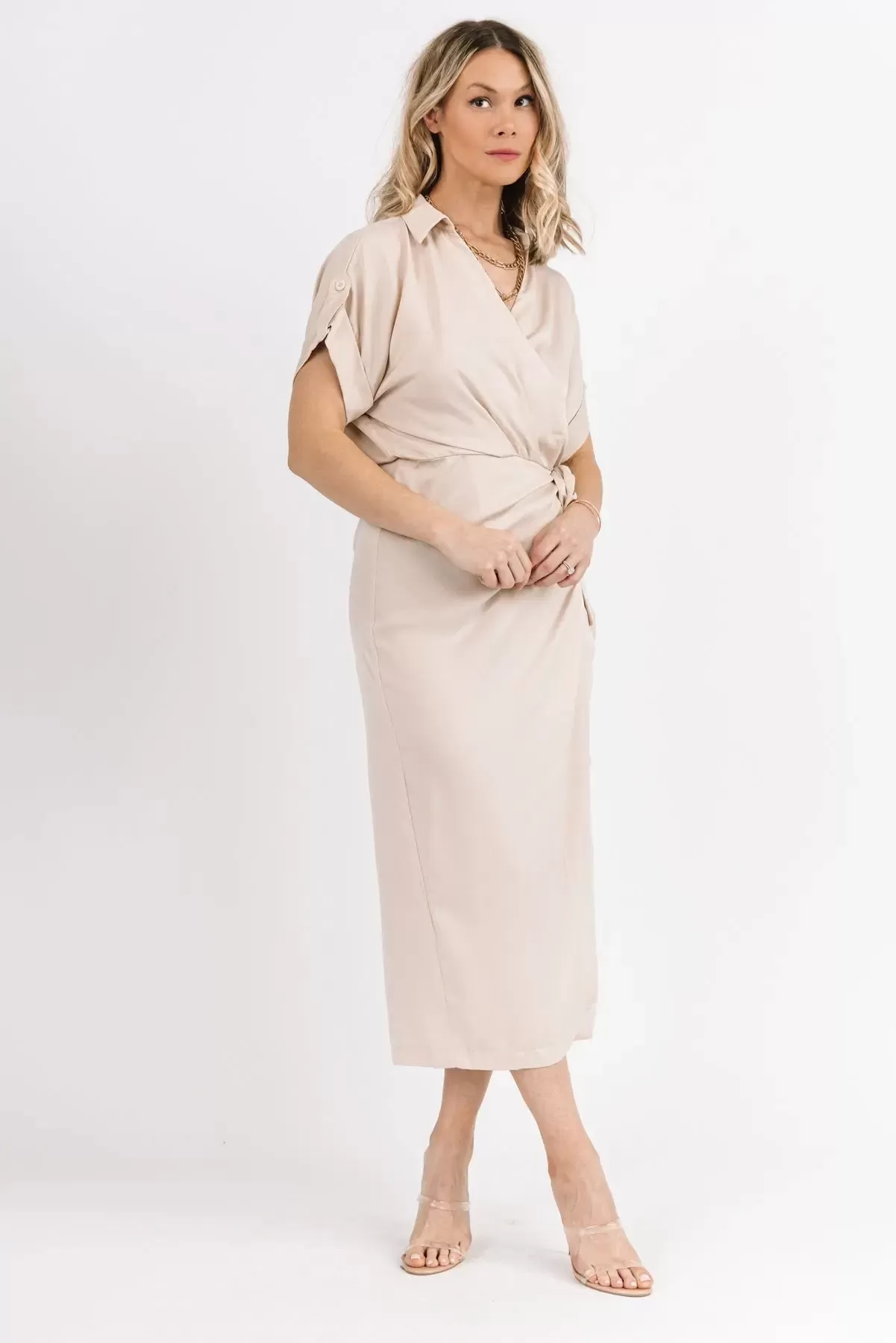 Chic Affair Ecru Satin Midi Dress - Final Sale