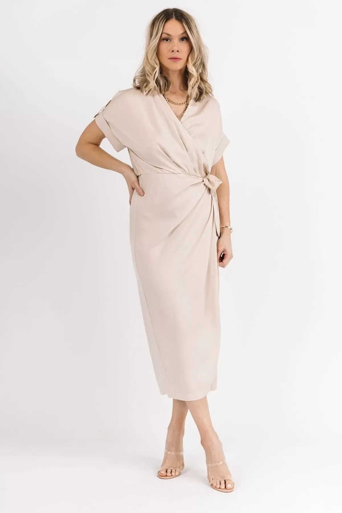 Chic Affair Ecru Satin Midi Dress - Final Sale