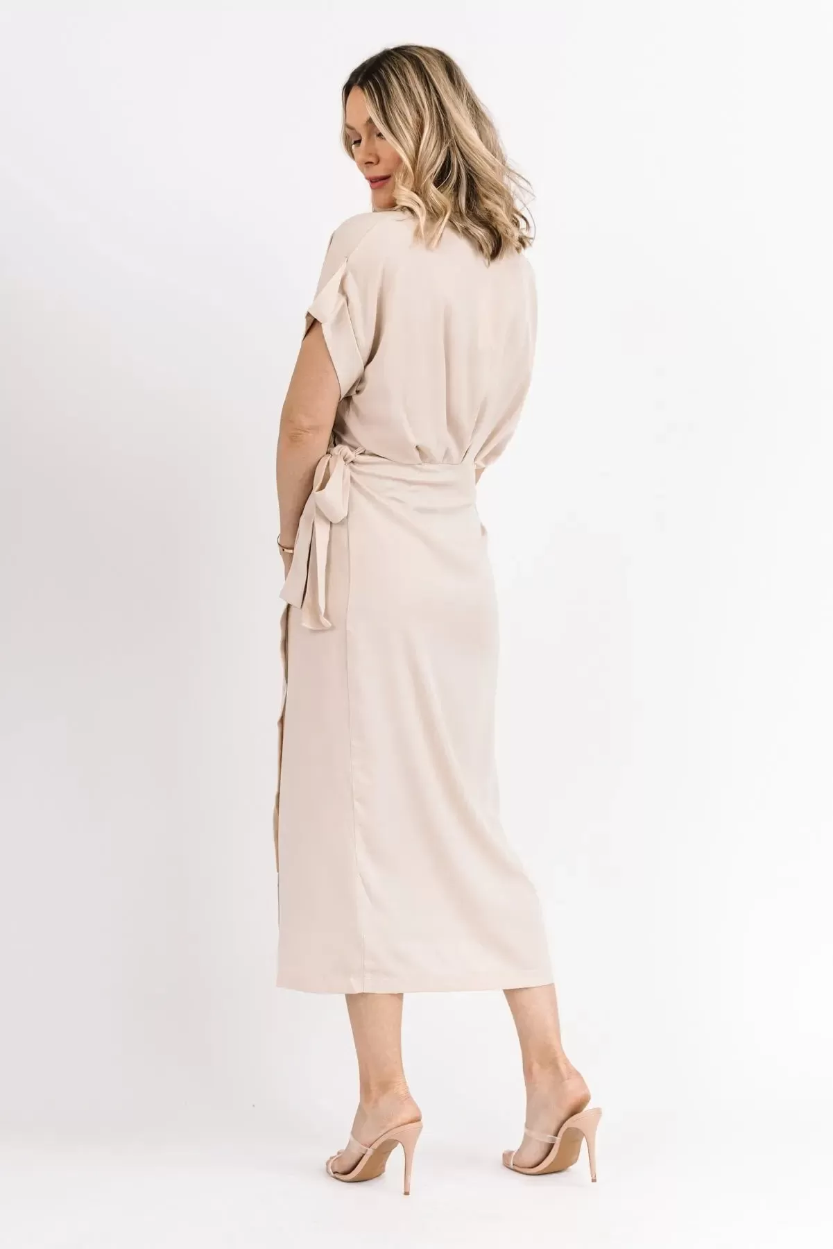 Chic Affair Ecru Satin Midi Dress - Final Sale