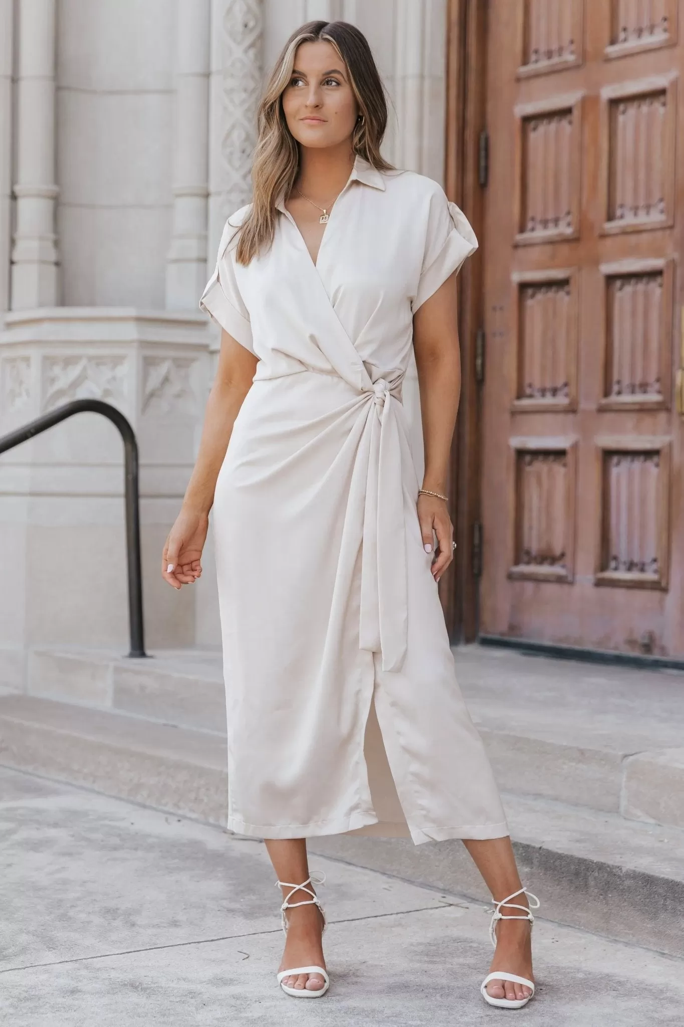 Chic Affair Ecru Satin Midi Dress - Final Sale