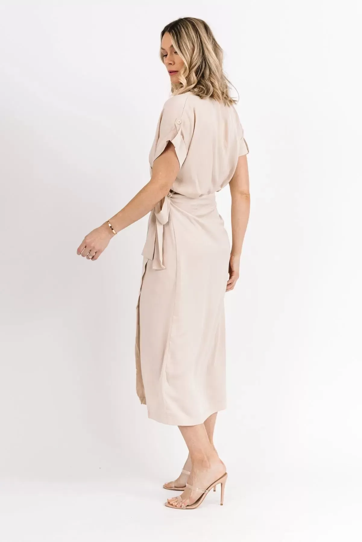 Chic Affair Ecru Satin Midi Dress - Final Sale