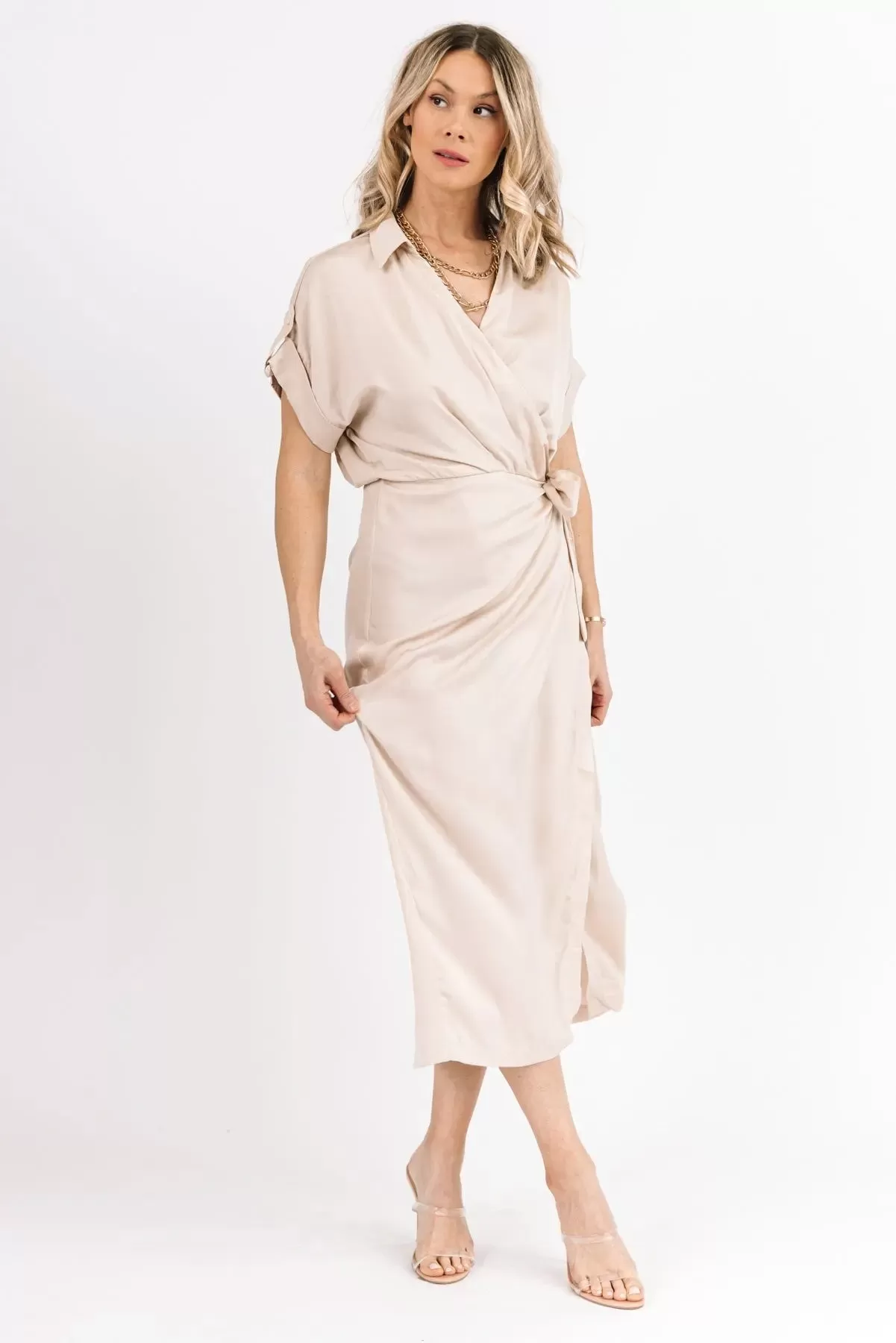 Chic Affair Ecru Satin Midi Dress - Final Sale