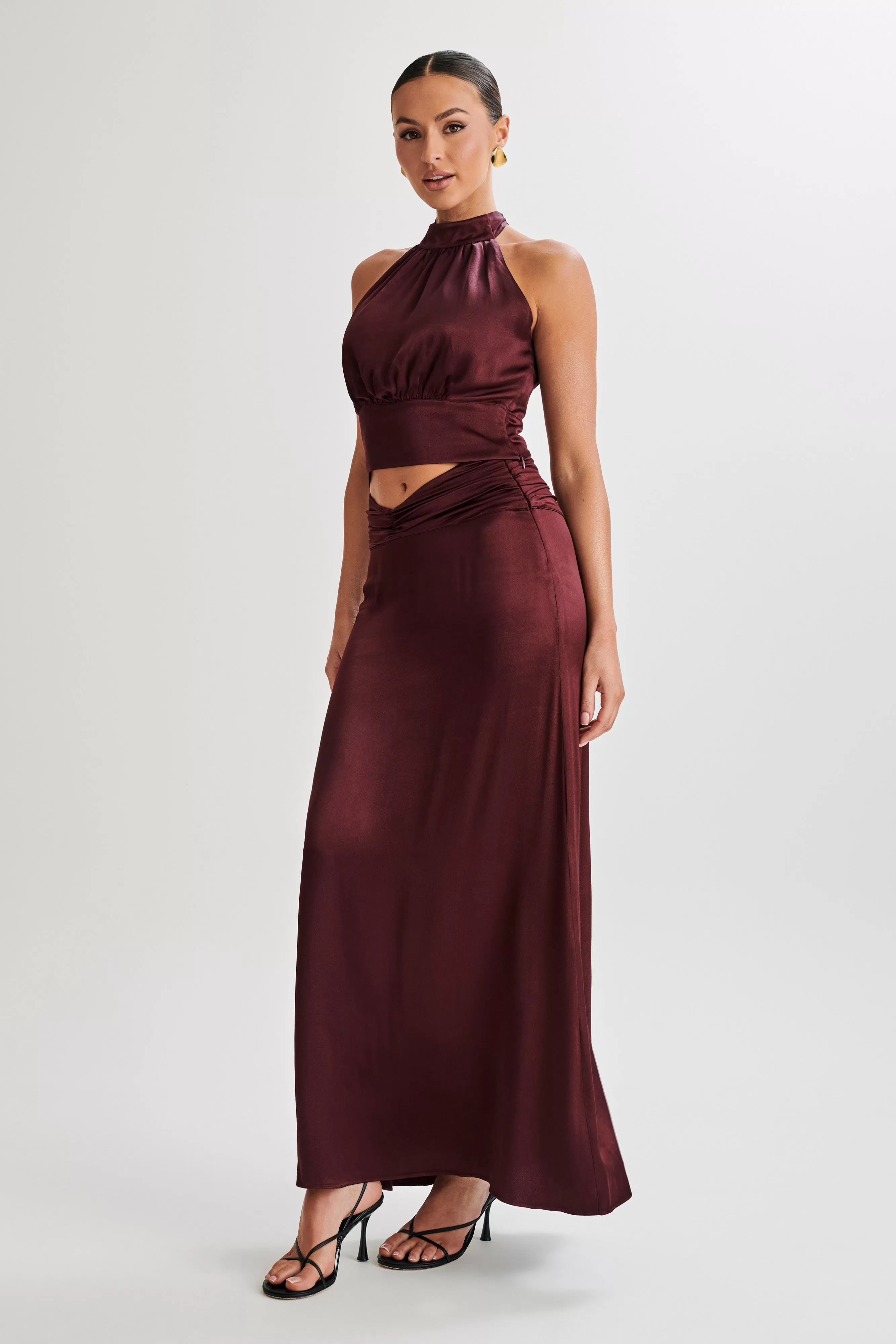 Clara Satin Ruched Maxi Skirt - Plum