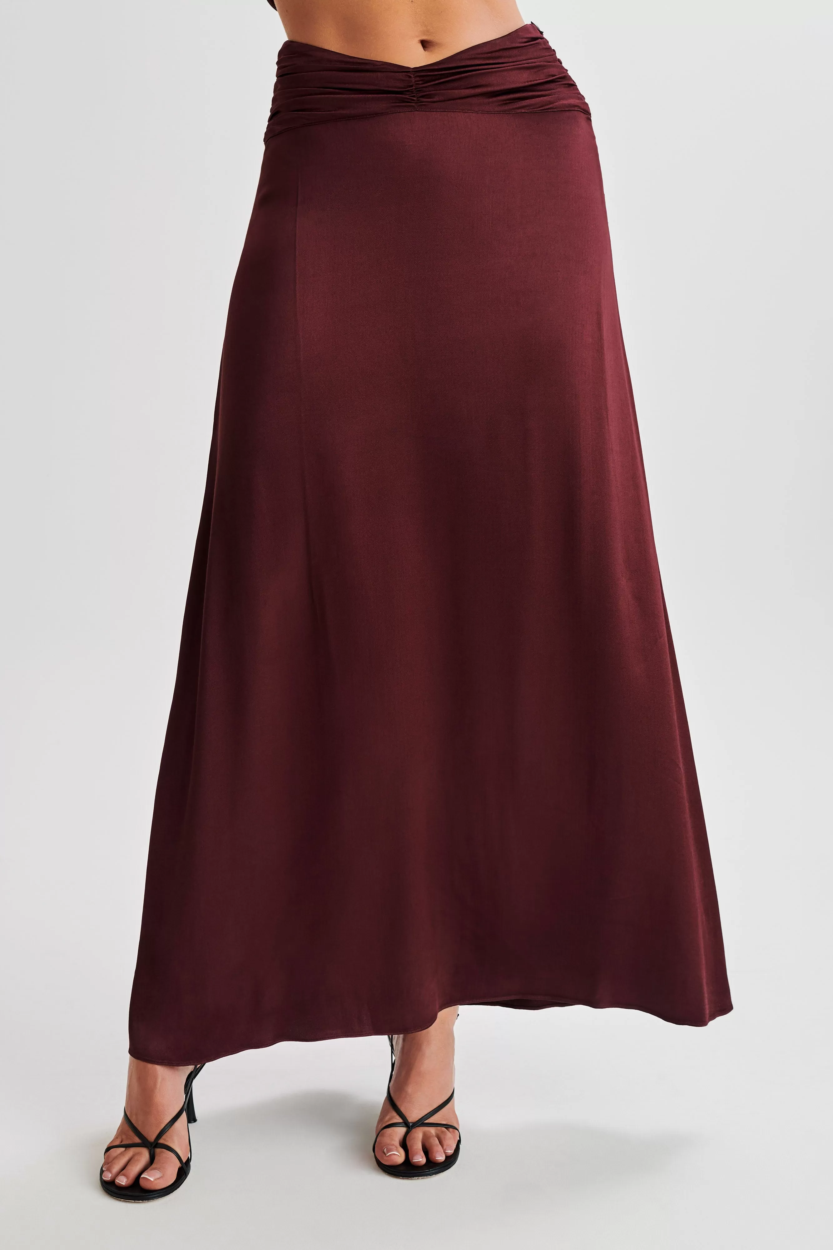 Clara Satin Ruched Maxi Skirt - Plum