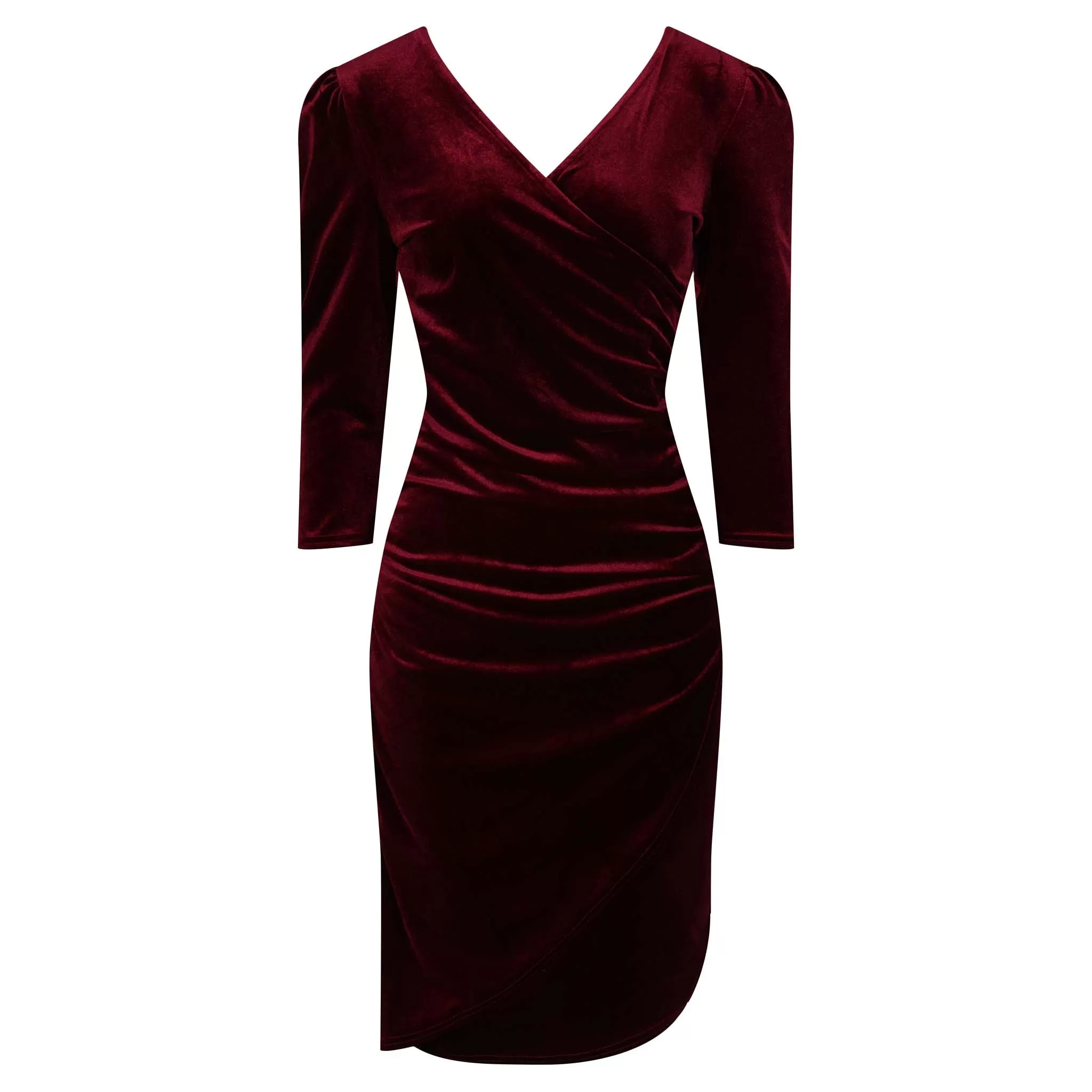 Claret Red Velour Wrapover 3/4 Sleeve Midi Dress