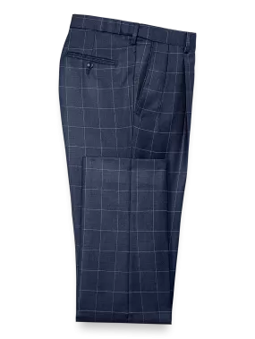 Classic Fit Essential Wool Pleated Suit Pants - Navy Windowpane