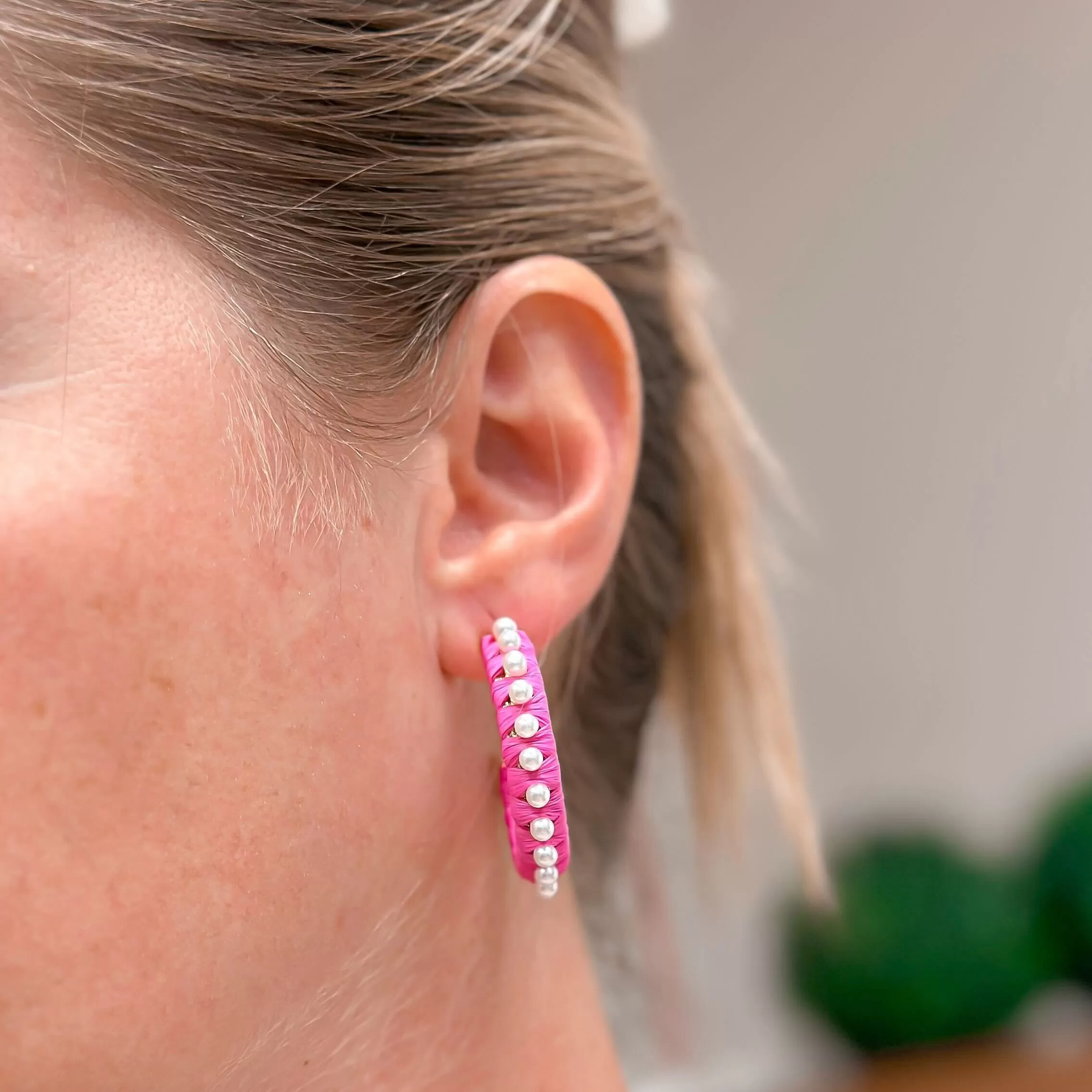 Classic Pearl Lined Hoop Earrings - Hot Pink