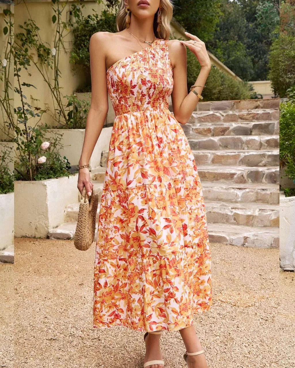 Cleo Floral One Shoulder Midi - Peach