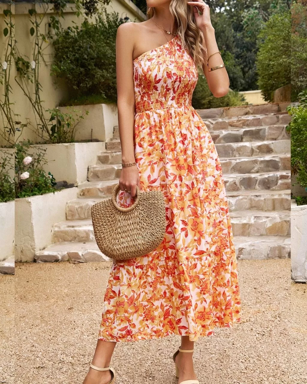 Cleo Floral One Shoulder Midi - Peach