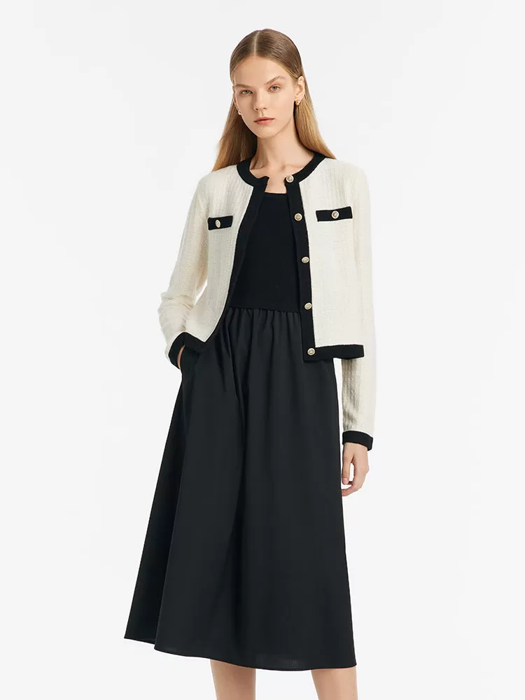 Contrast Trim Cardigan And Vest Dress Two-Piece Set