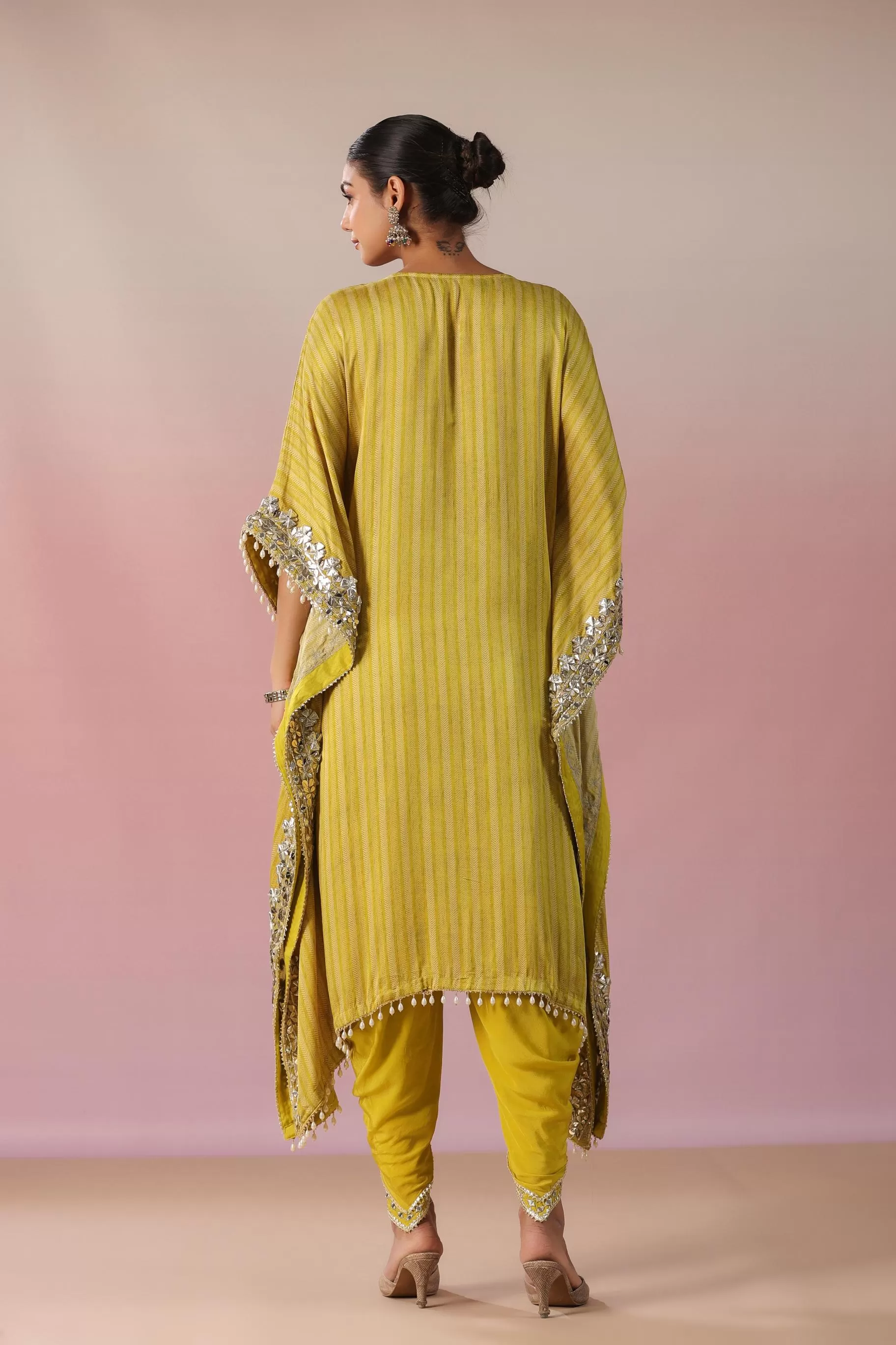 Corn Yellow Embellished Premium Silk Kaftan Dhoti Set