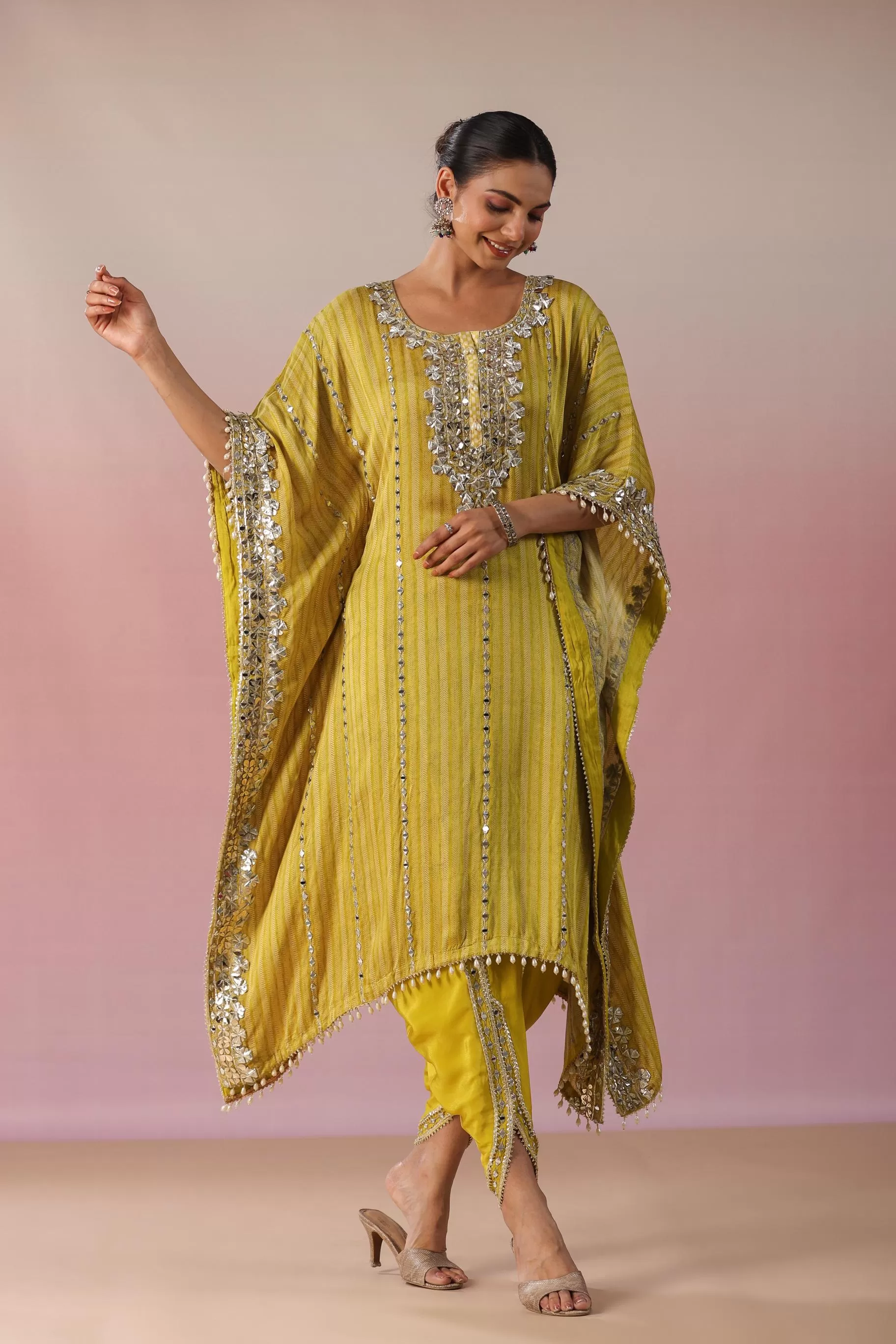 Corn Yellow Embellished Premium Silk Kaftan Dhoti Set